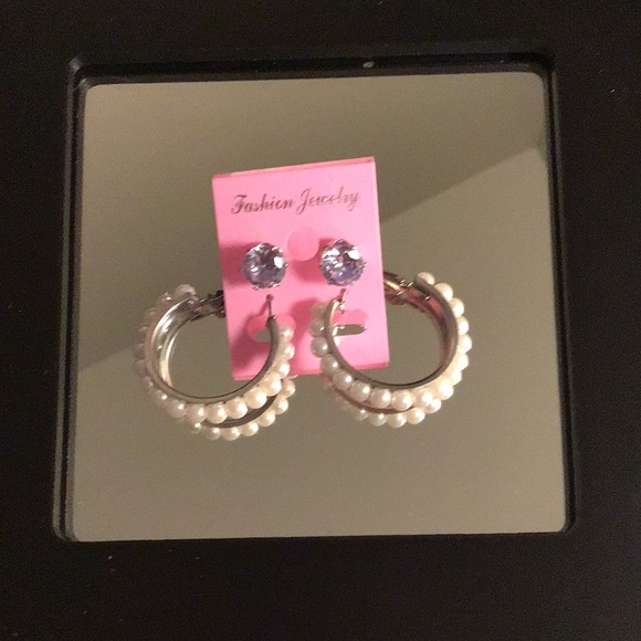 Fashion Jewelry Jewelry - Silver Crystal Studs and White Pearl Hoop Earrings NIP